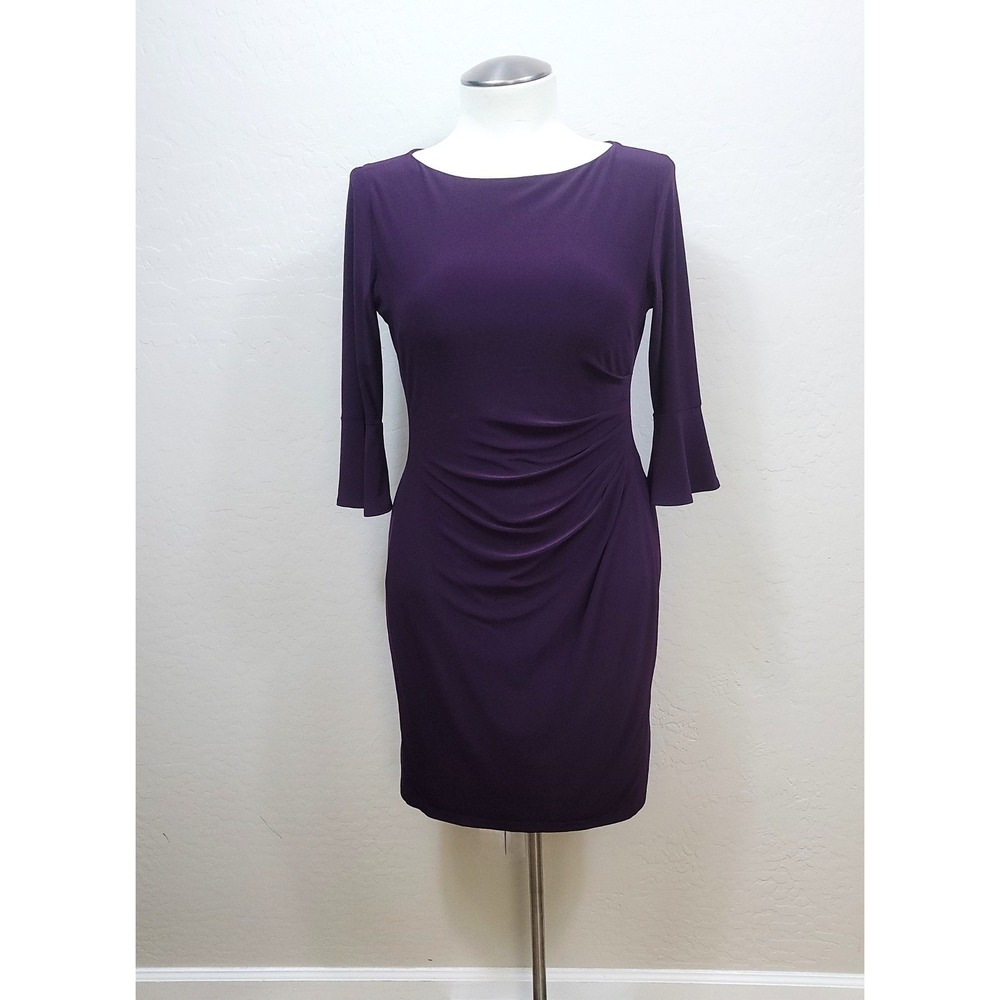 Lauren Ralph Lauren Purple Ruched Sheath Dress 14 Boat Neck Bell Sleeve Midi